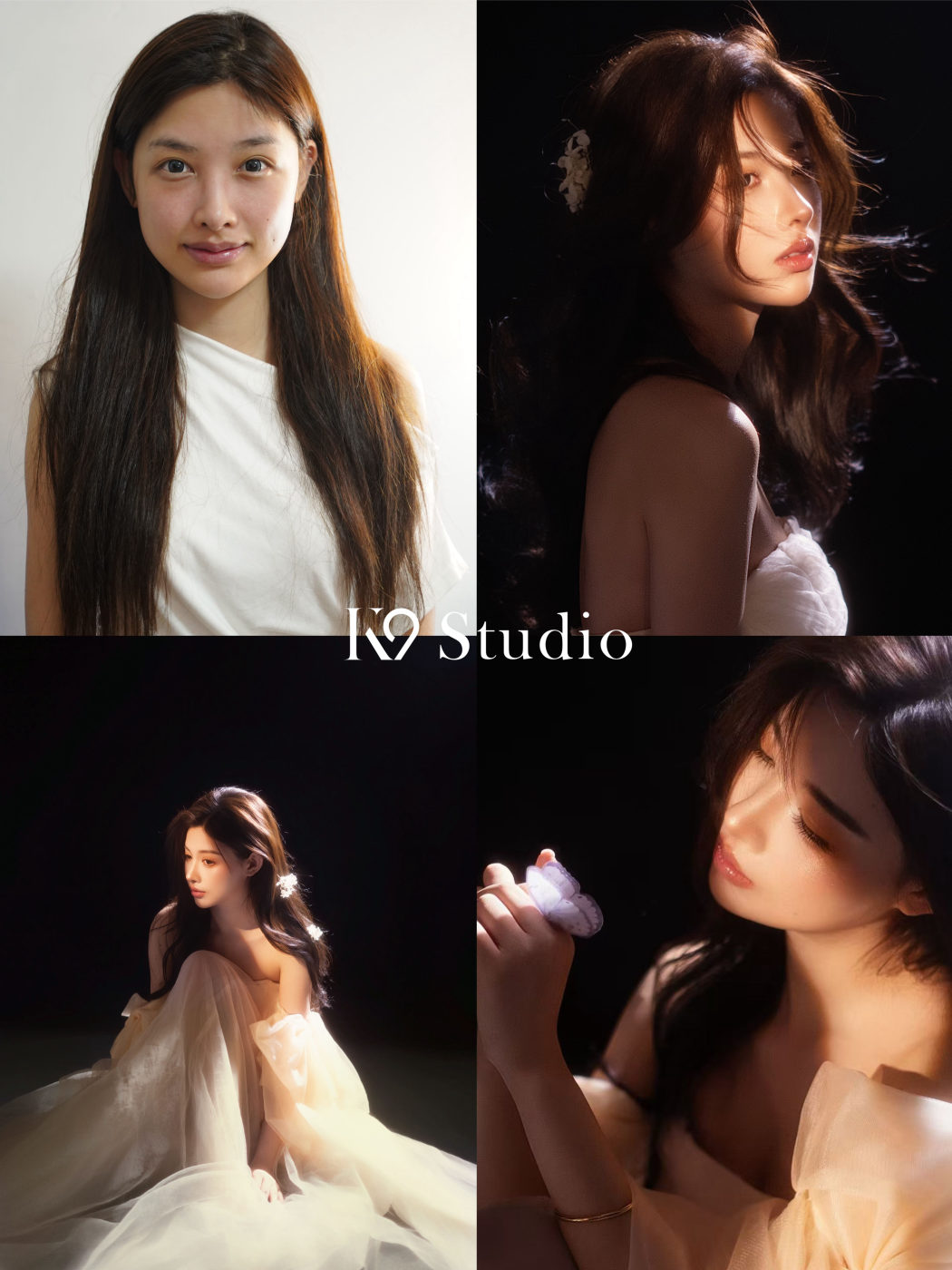 K9 Studio client transformation from a bare face to full glam, featuring soft white florals and a flowing dress
