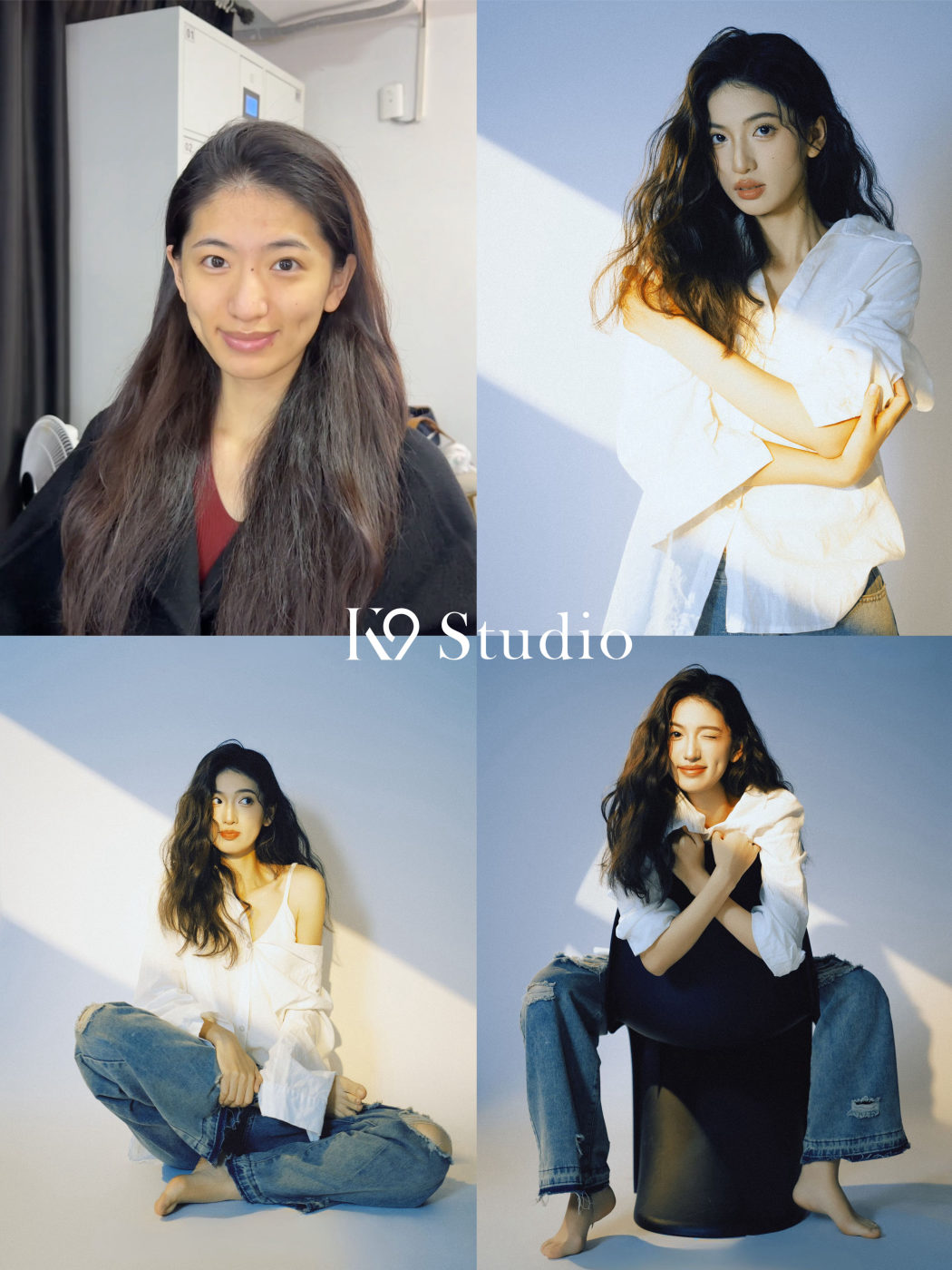 K9 Studio client transformation from a bare face to full glam, featuring a crisp white shirt and denim in natural daylight