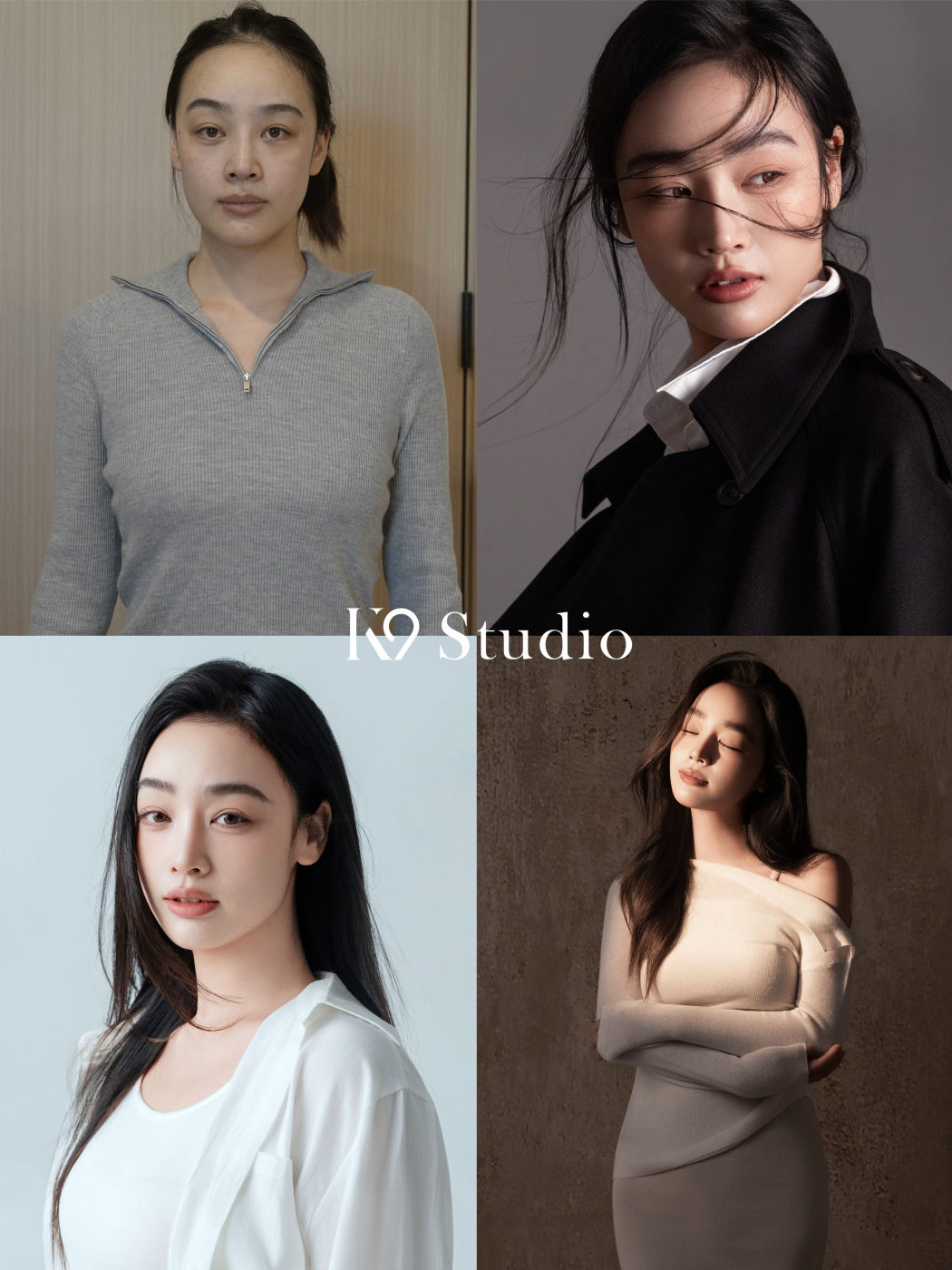 K9 Studio client transformation from a bare face to full glam, featuring an elegant black trench coat editorial look