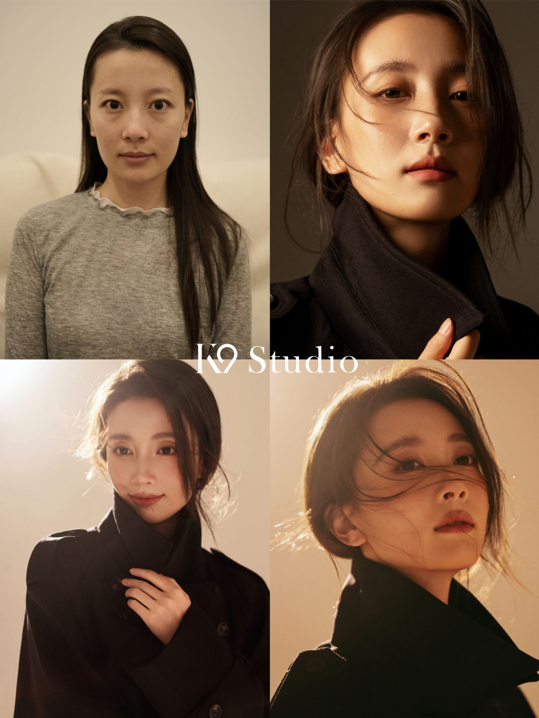 K9 Studio client transformation from a bare face to full glam, featuring a white knit top with fine jewellery