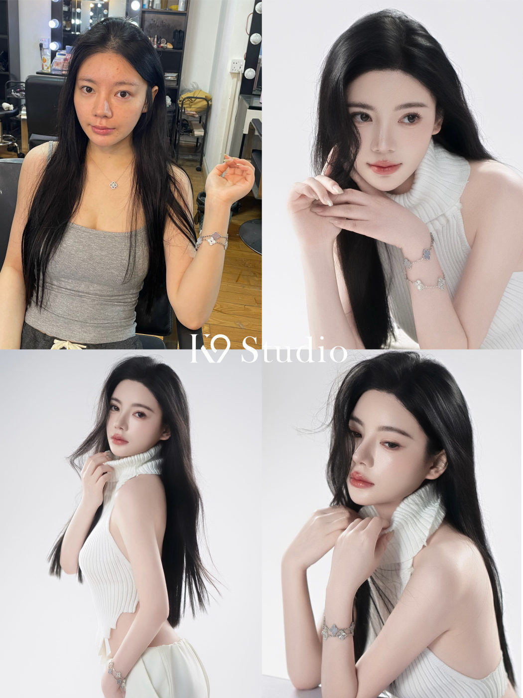 K9 Studio client transformation from a bare face to full glam, featuring a blush pink flowing gown