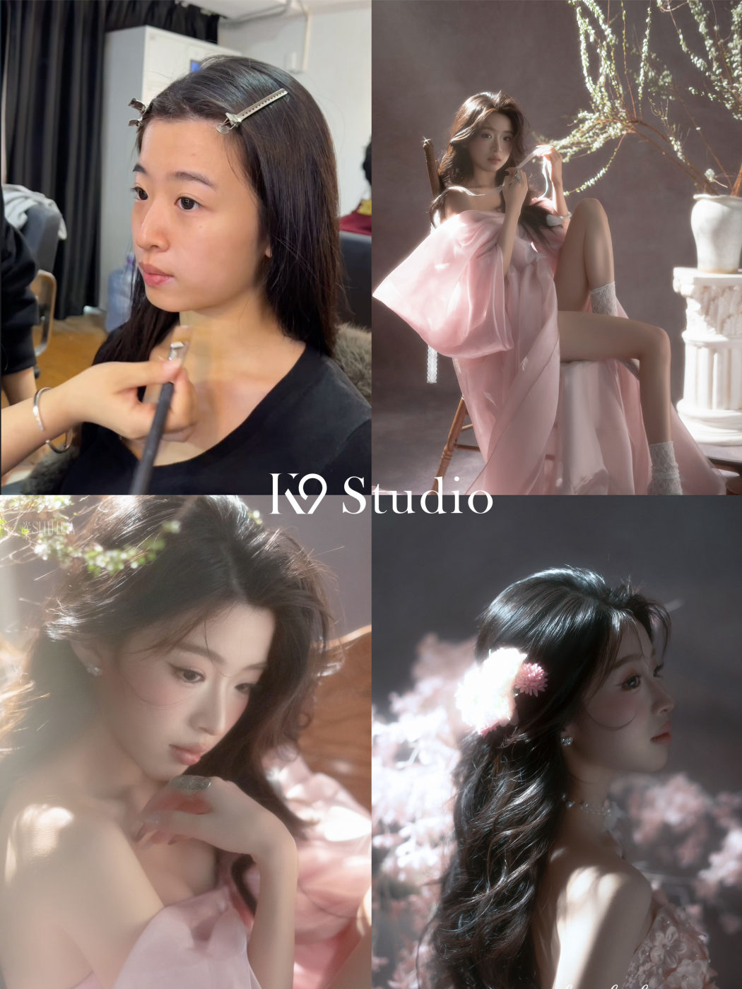 K9 Studio client transformation from a bare face to full glam, featuring soft cherry blossom styling